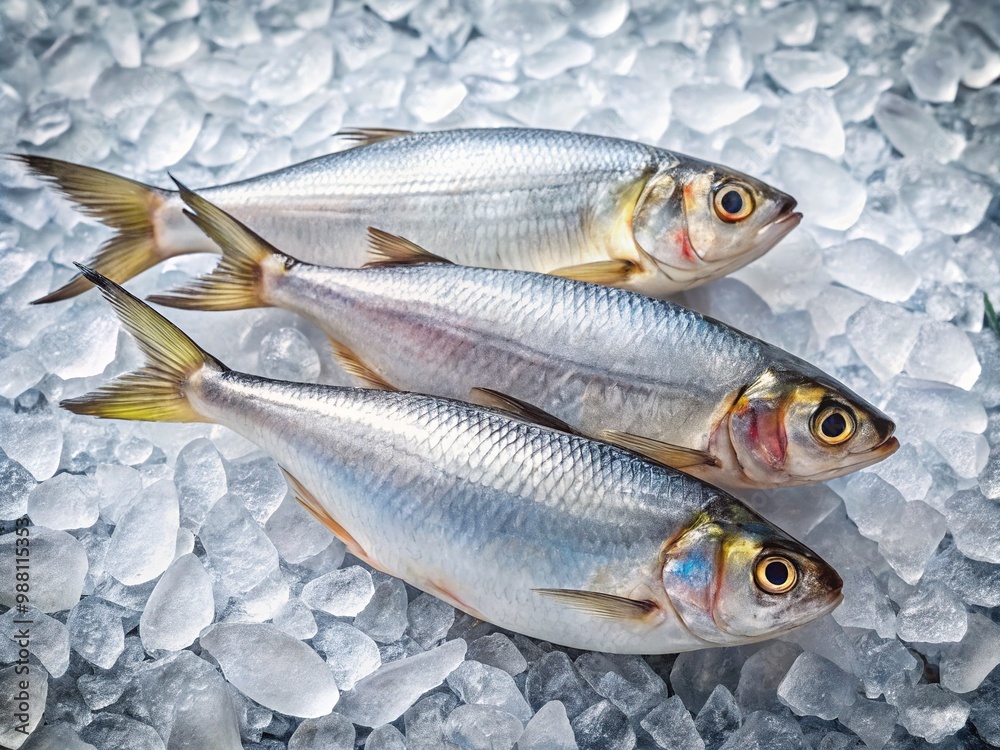 Freshly caught milkfish with iridescent scales and delicate fins lie on a bed of crushed ice, showcasing their silvery beauty and succulent flesh. Freshly caught milkfish with iridescent scales and delicate fins lie on a bed of crushed ice, showcasing their silvery beauty and succulent flesh.