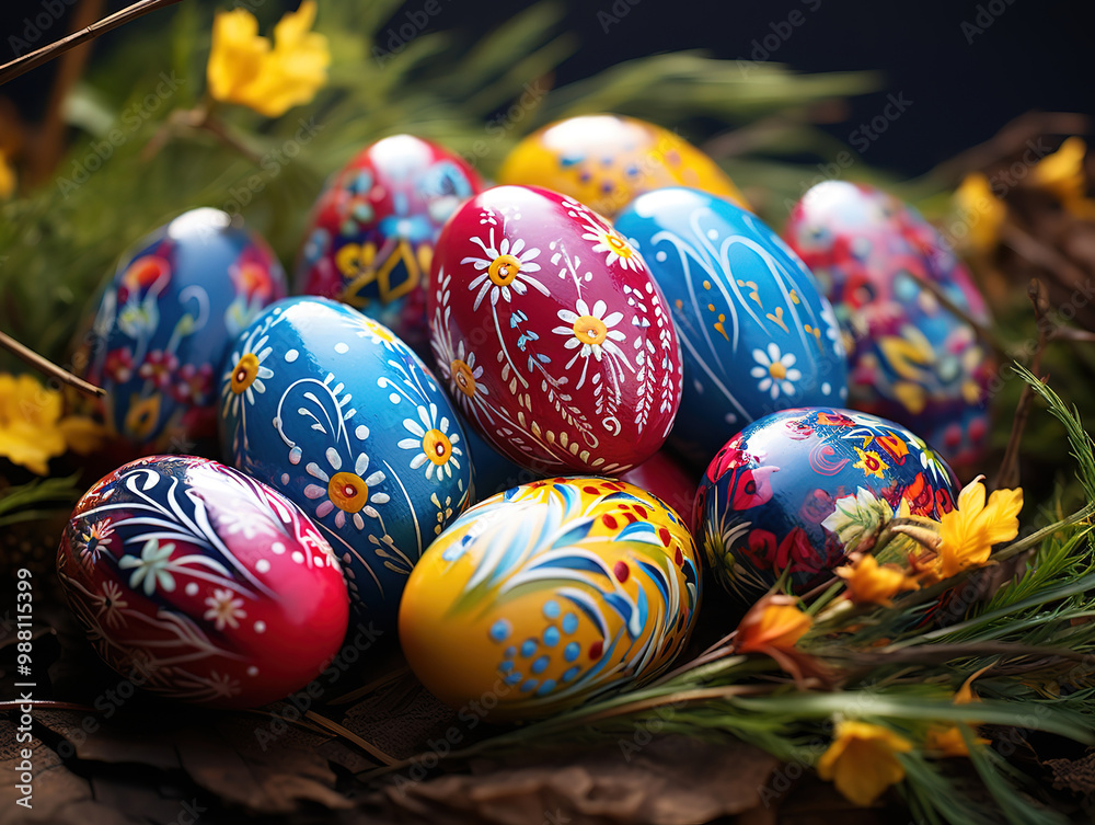 Decorated Eggs lay on grass prepared for Easter celebration. Decorated Eggs lay on grass prepared for Easter celebration.