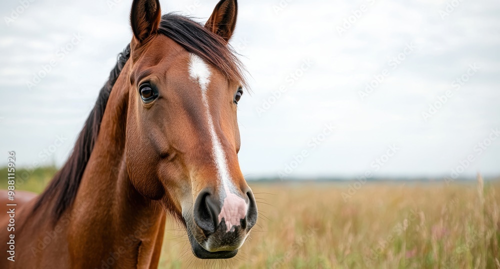 Fototapeta premium close-up portrait of a beautiful brown horse in a field