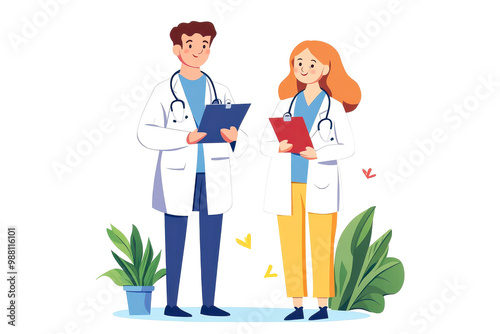 A cheerful doctor and nurse discussing patient records in a modern clinic, surrounded by greenery and friendly vibes. photo