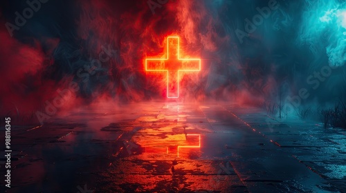 Glowing graphic, neon light, red cross symbol on dark background with smoke dust.