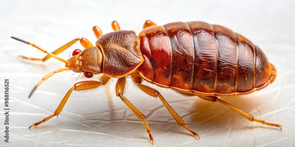 Macro shot of a single, blood-fed adult bed bug on a white surface, showcasing its distinctive flat, oval-shaped body and six legs. Macro shot of a single, blood-fed adult bed bug on a white surface, showcasing its distinctive flat, oval-shaped body and six legs.