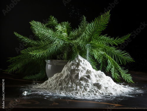 Spruce from flour on a dark table.