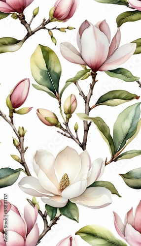 background spring bloom charming bud flowers drawn paint flower hand set arrangement illustration blossom lush white full watercolor painted magnolia olated lush magnolia magnolia pink tender flower photo