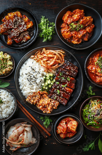 A Plate of Korean Banchan Side Dishes Surrounded by Fresh Garnishes for a Traditional and Delicious Meal