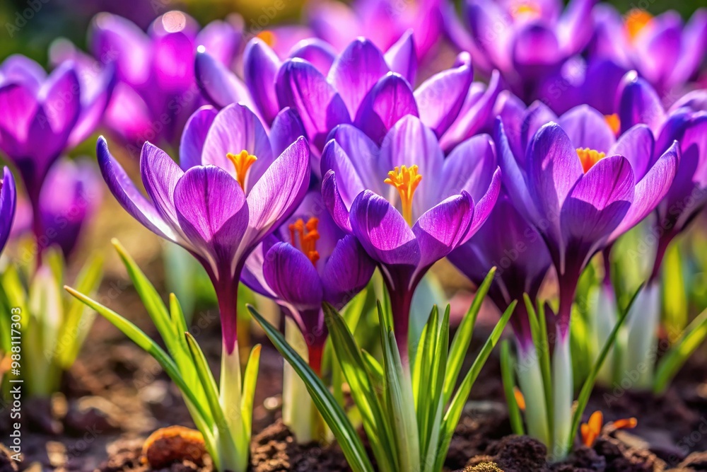 Purple crocus flowers burst forth in vibrant profusion, filling springtime gardens with a message of hope and renewal, ushering in the cycle of new life. Purple crocus flowers burst forth in vibrant profusion, filling springtime gardens with a message of hope and renewal, ushering in the cycle of new life.