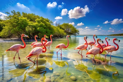 Pink birds with unique beaks stroll through shallow waters among mangrove trees and dunes on a picturesque Aruban coast, basking in the warm sunlight. photo