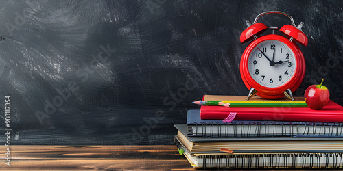 Red Alarm Clock and School Supplies on Stack of Books - Back to School Concept