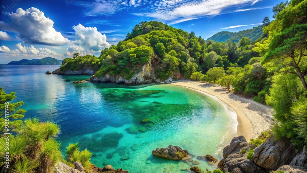 Serene coastal landscape featuring a secluded beach with calm turquoise waters, lush greenery, and a relaxed atmosphere, inviting solitude and freedom. Serene coastal landscape featuring a secluded beach with calm turquoise waters, lush greenery, and a relaxed atmosphere, inviting solitude and freedom.