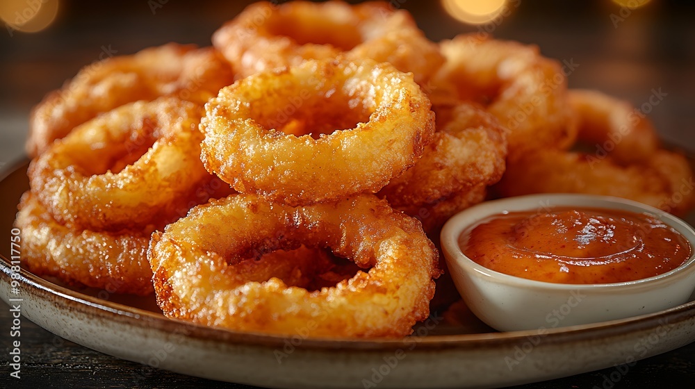 A plate of golden, crispy onion rings piled high, glistening under warm lights, with a dipping sauce on the side. The background is softly blurred, A plate of golden, crispy onion rings piled high, glistening under warm lights, with a dipping sauce on the side. The background is softly blurred,