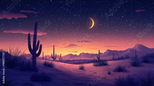 Desert Night Sky with Moon and Stars - Surreal Landscape Illustration. photo