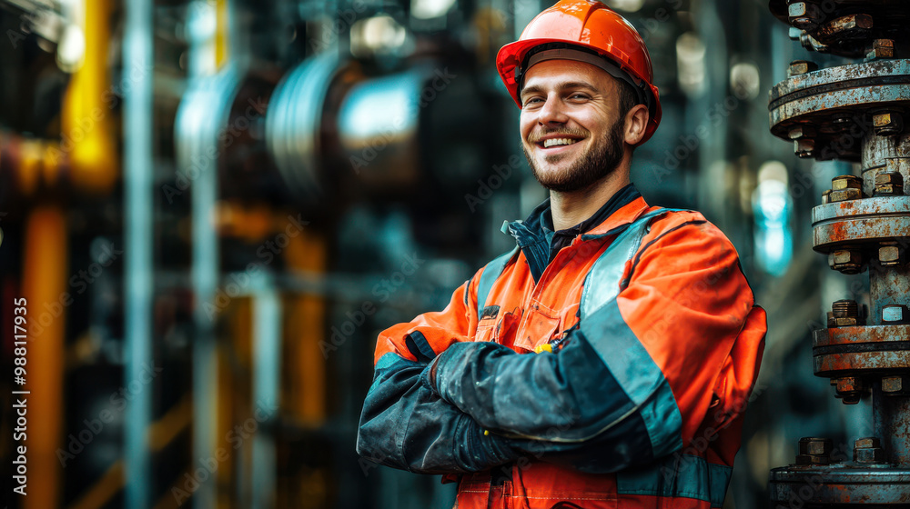 Smiling worker in safety gear at facility Smiling worker in safety gear at facility