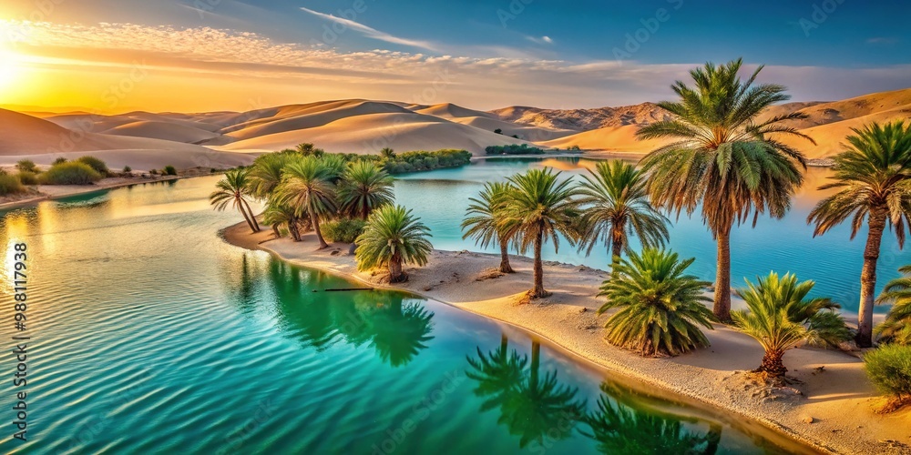 Fototapeta premium Serene verdant paradise amidst sandy dunes, palm trees sway gently above tranquil turquoise water, surrounded by vast expanse of arid desert landscape at sunset.
