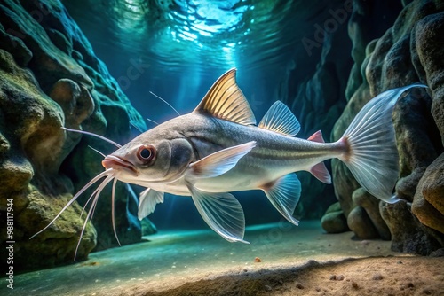 Silky fins undulate on a scaleless body, shimmering in soft light as a ghostly catfish glides effortlessly through clear waters of an underwater cave. photo