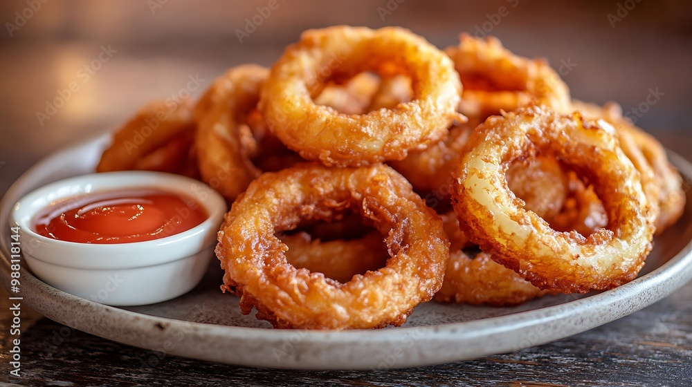 A plate of perfectly fried onion rings, crispy and golden, served with a tangy dipping sauce. The texture of the onion rings is highlighted by warm lighting, A plate of perfectly fried onion rings, crispy and golden, served with a tangy dipping sauce. The texture of the onion rings is highlighted by warm lighting,