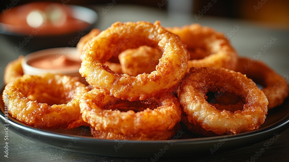 A plate overflowing with hot, crispy onion rings, each perfectly golden-brown, served with a dipping sauce. The background features a softly blurred casual diner setting,