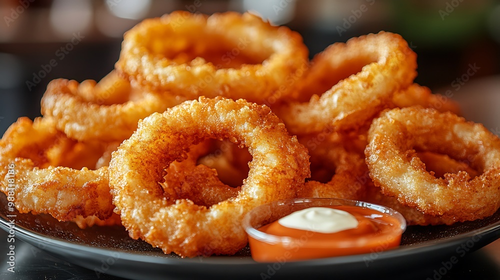 A plate overflowing with hot, crispy onion rings, each perfectly golden-brown, served with a dipping sauce. The background features a softly blurred casual diner setting, A plate overflowing with hot, crispy onion rings, each perfectly golden-brown, served with a dipping sauce. The background features a softly blurred casual diner setting,
