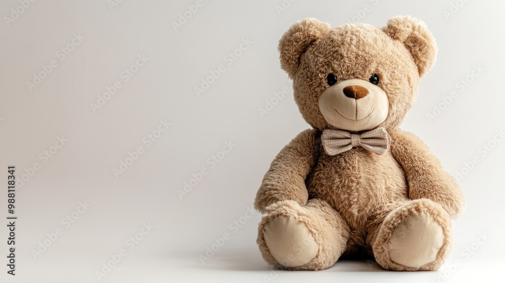 A plush teddy bear with a bowtie sits against a simple background, evoking comfort and nostalgia. A plush teddy bear with a bowtie sits against a simple background, evoking comfort and nostalgia.