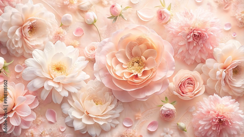 Soft pink background aglow with delicate blooms in pastel shades of pink, peach, and cream, arranged in whimsical patterns on fluffy petals. Soft pink background aglow with delicate blooms in pastel shades of pink, peach, and cream, arranged in whimsical patterns on fluffy petals.