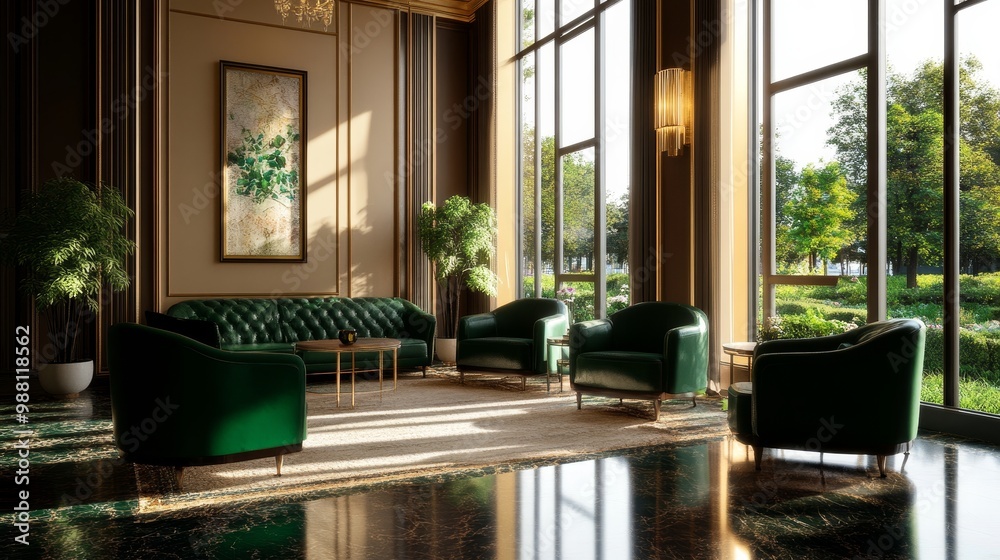A contemporary lobby lounge featuring plush green velvet sofas, an elegant coffee table, and expansive windows offering natural light and views of a lush garden. A contemporary lobby lounge featuring plush green velvet sofas, an elegant coffee table, and expansive windows offering natural light and views of a lush garden.