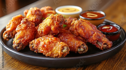 A platter of golden-brown fried chicken wings served with an assortment of sauces, including honey mustard and barbecue, on a wooden table. The lighting highlights the crunchy texture of the wings,