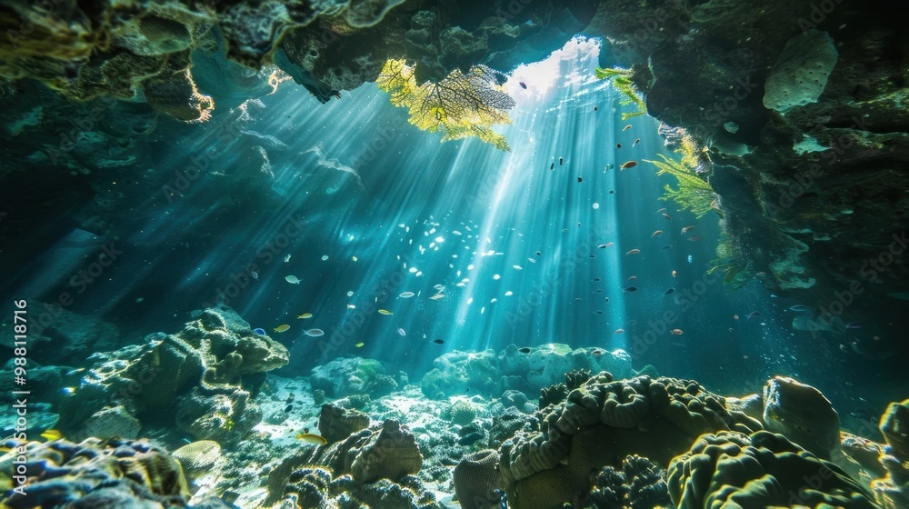 Obraz premium Sunlight Beams Through Underwater Cave