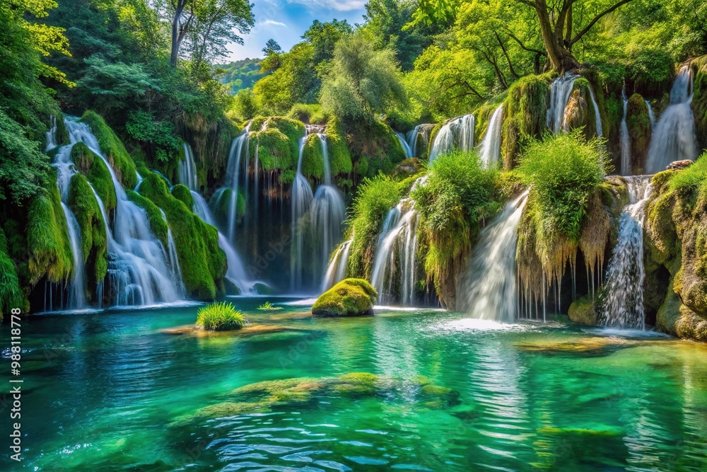 Fototapeta premium Sparkling turquoise water cascades down moss-covered rocky cliffs, surrounded by lush green vegetation, in a serene and idyllic Croatian waterfall scene.