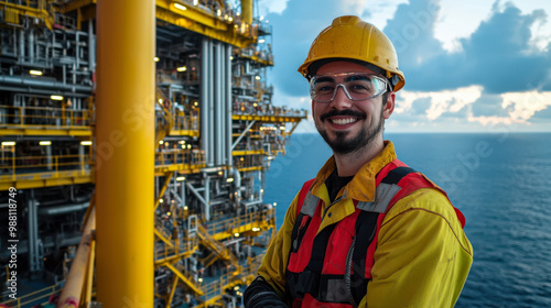 Worker on offshore oil rig, smiling by ocean