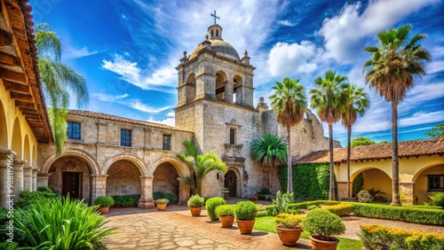 The historic mission's bell tower stands sentinel amidst lush greenery, its arched corridors bathed in the warmth of the blue sky. photo