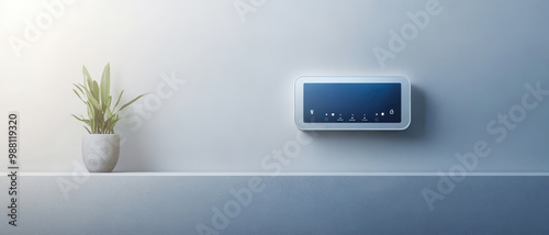 Smart thermostat on minimalist wall with plant, creating modern and serene atmosphere. This image captures essence of contemporary home design and technology integration