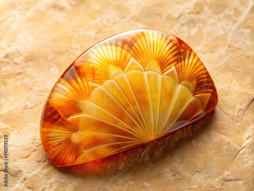 The Sardius stone's delicate fan-patterned shell glows warmly, its golden-orange hues set against a soft, beige background with subtle texture. photo