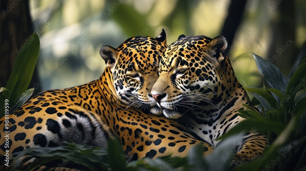 Fototapeta premium Two jaguars resting closely together among lush greenery.