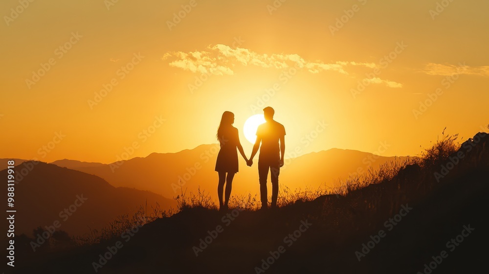 Fototapeta premium Silhouette of Couple Holding Hands at Sunset on Mountaintop.
