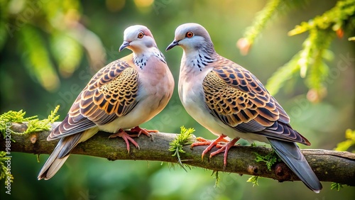 Two delicate turtle doves sit serenely on a branch, their iridescent feathers glistening with intricate patterns in the soft morning light.