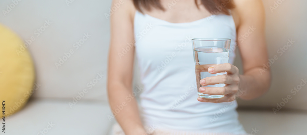 Happy woman holding water glass, female drinking pure water on sofa at home. Healthy, Refreshment, lifestyle and daily routine concept Happy woman holding water glass, female drinking pure water on sofa at home. Healthy, Refreshment, lifestyle and daily routine concept