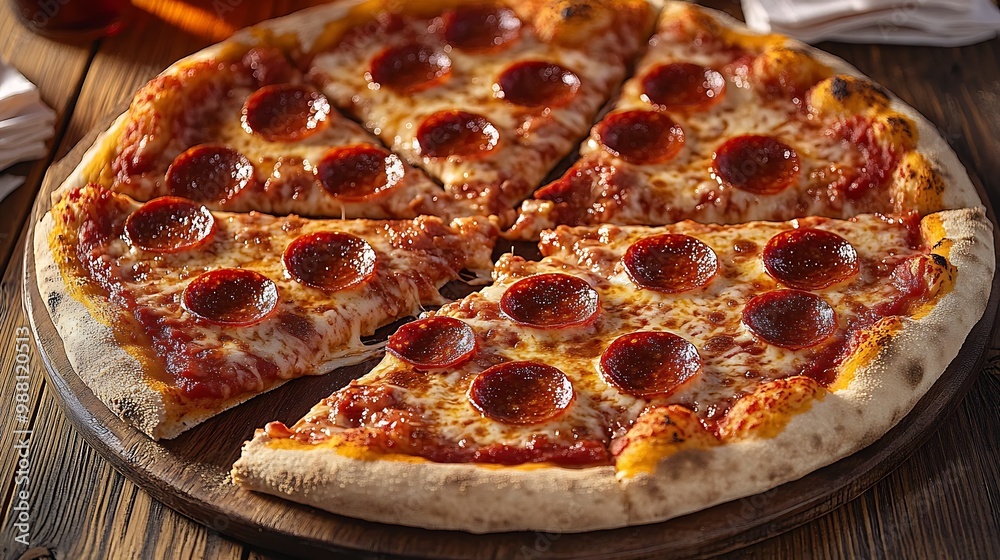 An inviting pepperoni pizza feast on a wooden table, with drinks and napkins scattered around. The pizza slices are hot and crispy, with bubbling cheese and pepperoni, An inviting pepperoni pizza feast on a wooden table, with drinks and napkins scattered around. The pizza slices are hot and crispy, with bubbling cheese and pepperoni,