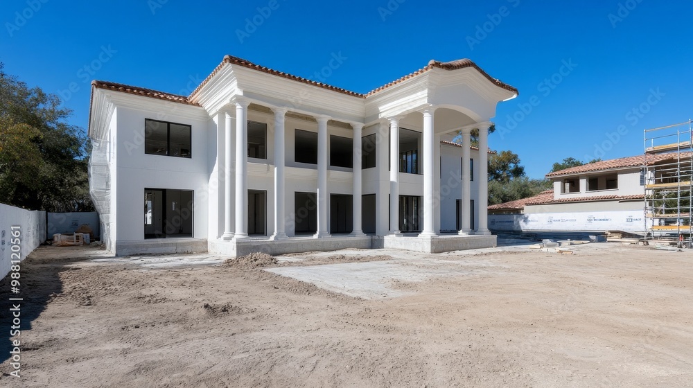 A majestic Mediterranean-style mansion under construction, showcasing its grand columns, expansive facade, and luxurious design, promising a breathtaking final result. A majestic Mediterranean-style mansion under construction, showcasing its grand columns, expansive facade, and luxurious design, promising a breathtaking final result.