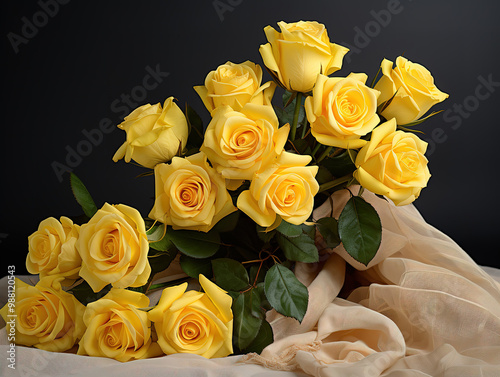 Roses made of yellow cloth arranged in bouquets in sackcloth.