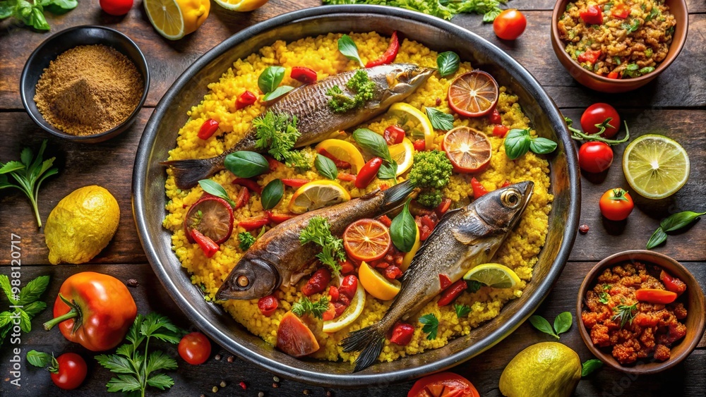Vibrant aerial view of colorful Thieboudienne dish, featuring flavorful rice, fresh fish, vegetables, and spices, arranged in a traditional Senegalese serving platter. Vibrant aerial view of colorful Thieboudienne dish, featuring flavorful rice, fresh fish, vegetables, and spices, arranged in a traditional Senegalese serving platter.