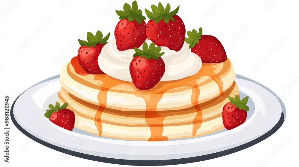 Delicious Pancake with Fresh Strawberries and Cream - Minimalist Flat Vector Food Illustration Design on White Background Delicious Pancake with Fresh Strawberries and Cream - Minimalist Flat Vector Food Illustration Design on White Background