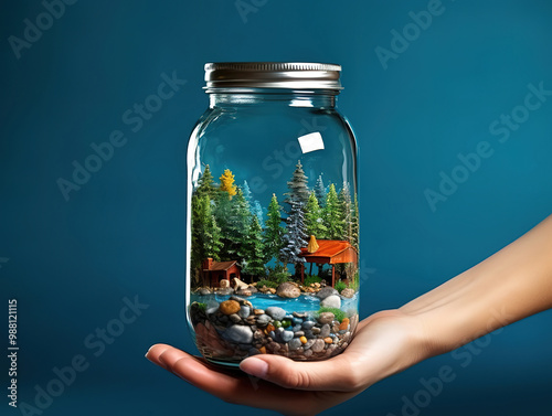 Zero waste, eco friendly hand made gift on blue background.