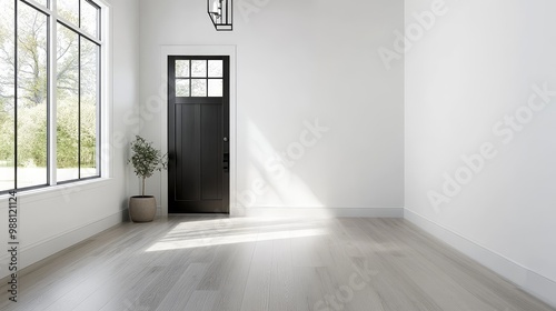 Modern Farmhouse Foyer with Gray LVP Flooring, featuring a black front door, a large window, a potted plant, and bright natural light.