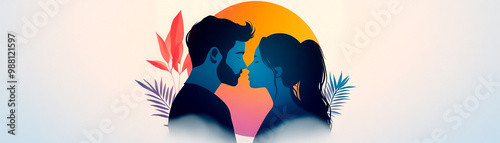 A romantic silhouette of a couple about to kiss, surrounded by vibrant colors and tropical leaves, capturing love and intimacy. photo