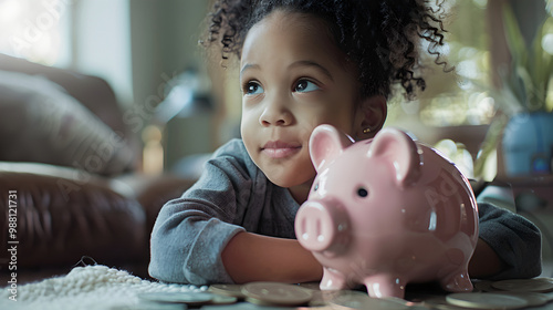 A young child eagerly places coins into a pink piggy bank, symbolizing the start of a journey toward a prosperous future through early financial education.