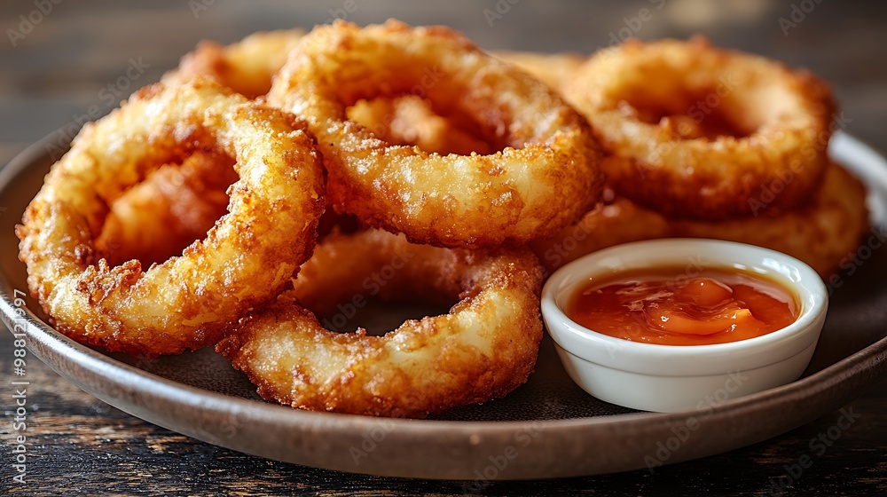 Golden, crunchy onion rings arranged on a plate with a tangy dipping sauce, their texture enhanced by warm lighting. The rings are set against a softly blurred wooden table,