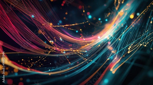 Abstract Blue, Red and Gold Light Streaks with Bokeh Background.