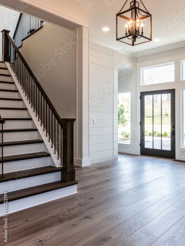 A spacious and stylish modern farmhouse foyer featuring gray LVP flooring, an elegant staircase with a black railing, and a charming chandelier. The foyer provides a welcoming entrance with natural li
