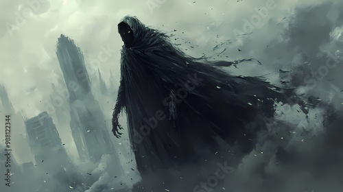 Person long black robe hood eyeless watcher anomalous object painted cloak flittering wind background benevolent android necromancer scythe city djinn man demon hybrid. Djinn. Illustration