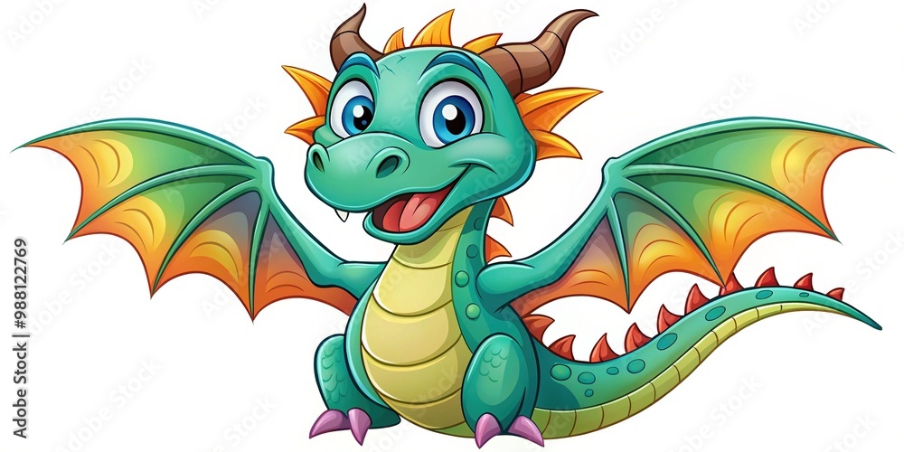 Fototapeta premium Whimsical cartoon dragon illustration with vibrant scales, smiling face, and playful wings, perfect for kids' books, educational materials, and fantasy-themed designs.