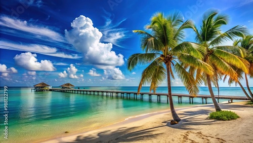 Warm sandy beach with calm turquoise waters, palm trees, and iconic pier stretching into the horizon under a brilliant blue sky in Key West, Florida. photo